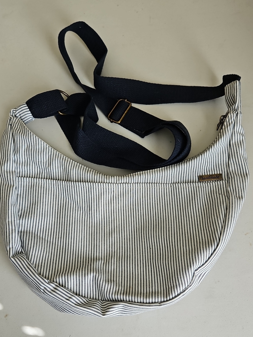 Striped Canvas Crossbody Bag with Navy Strap